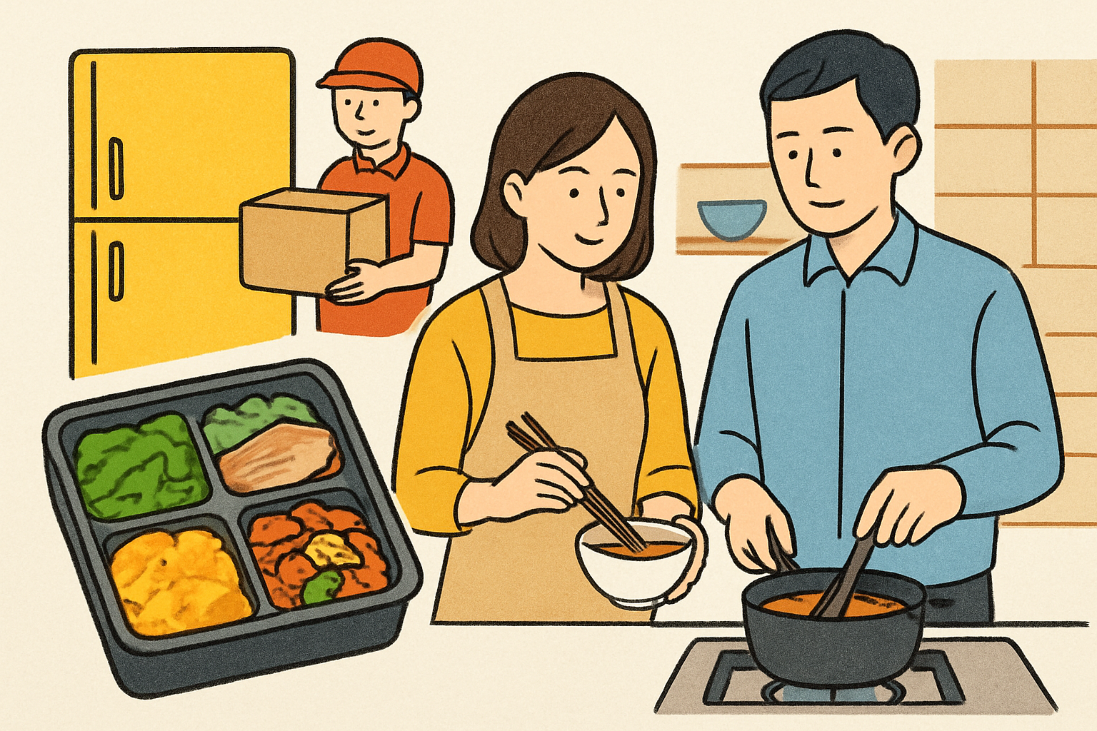 まず:共働きの夕食宅配は4タイプに分かれ、ツクリオは「冷蔵の作り置き惣菜(定期)」です